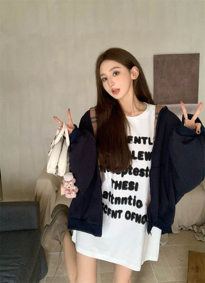 25Jul. 休閒時髦精 格紋拼接連帽外套 藏藍