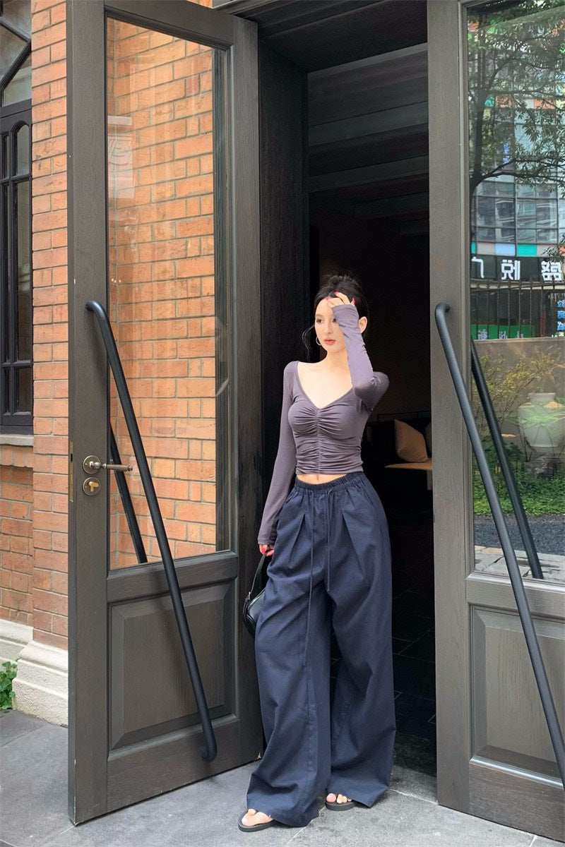 25Nov. 修身V領褶皺顯瘦長袖上衣 灰/米/粉