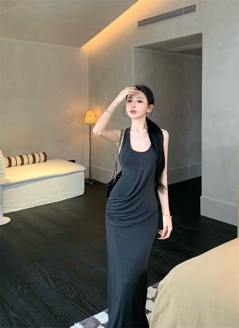 May. 法式優雅不費力 時髦側抓皺連身裙 灰