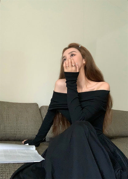 26Jan. 長期主義針織一字領拼接赫本連身裙 黑/白