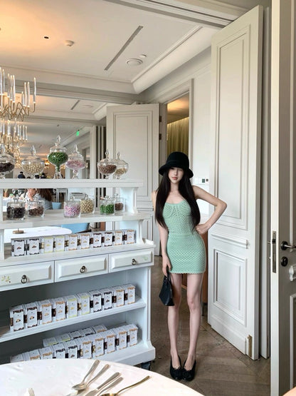 25Sep. 封神薄荷裙 縷空針織背心連身裙 綠/白