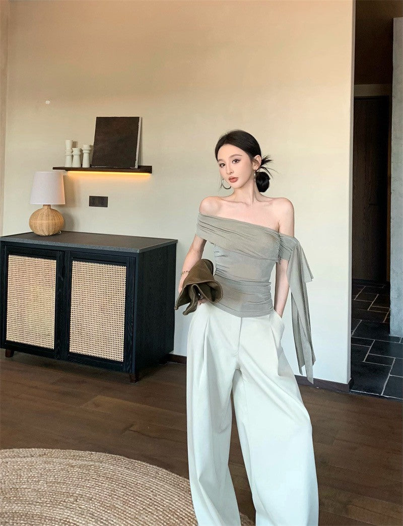 Jun. 姐系高智 單肩飄帶彈力上衣 時髦簡約休閒褲 杏