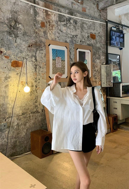 Jun. 慵懶清爽白色口袋襯衫 蕾絲打底花袖白色上衣