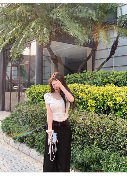 May. 盈盈月光 氣質慵懶性感肩頸線網紗一字領上衣 白