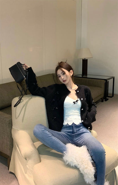 Feb. 萬年不敗 手工縫製蝴蝶結排扣圓領外套 黑/灰