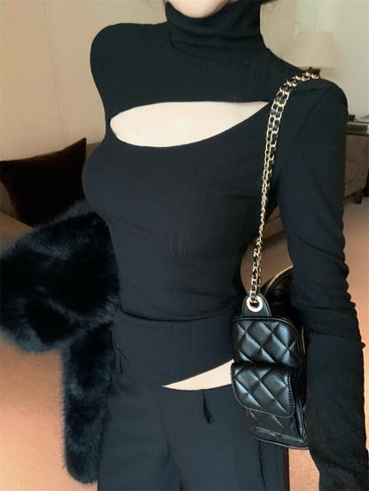 Jan. 設計感縷空疊穿高領打底上衣 黑