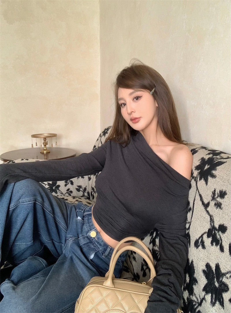 Mar. 休閒高智系 斜肩彈力修身短款長袖上衣 灰色