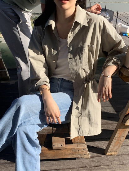 25Sep. 韓系露營chic休閒抽繩收腰中長外套 卡其/白/黑