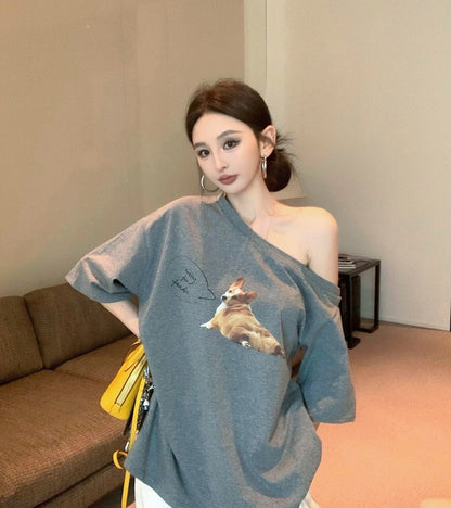 Jun. 哈嚕柯基修勾慵懶斜肩寬鬆上衣 灰