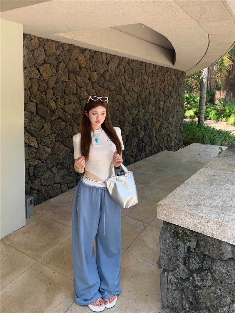 May. 辣妹夏日顯瘦正肩上衣 運動休閒拼接設計休閒褲 藍