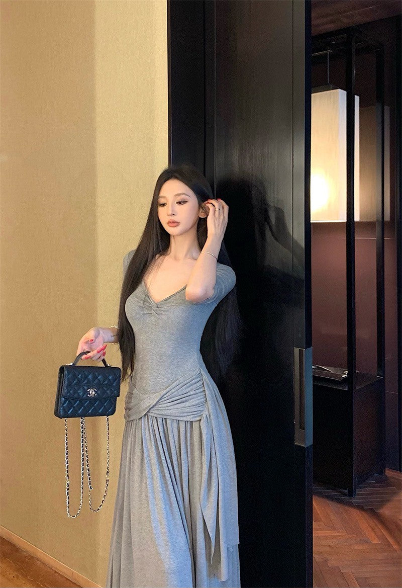 25Aug. 簡約韓系V領褶皺紙片連身裙 灰