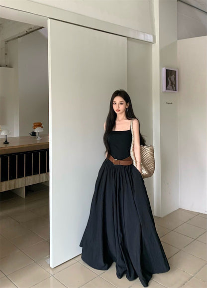 Jun. 溫柔通勤可調肩拼接連身裙 黑色