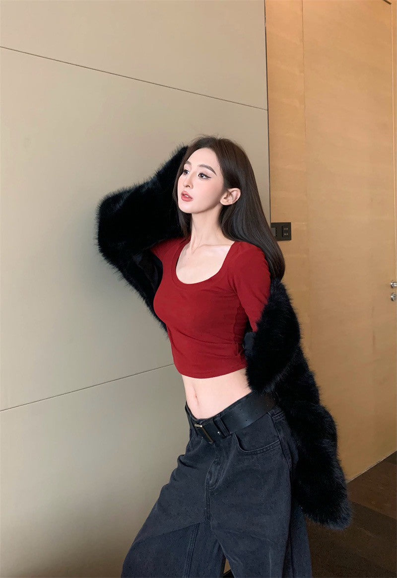 25Jul. 歐美簡約大方領彈力上衣 紅/黑