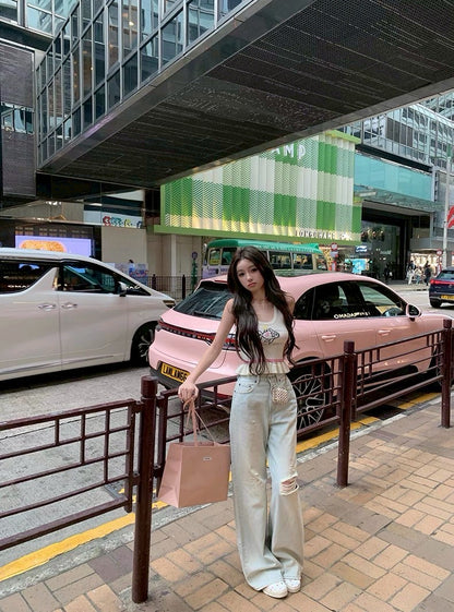 Jun. 童趣魚兒刺繡 收腰花瓣針織背心 杏