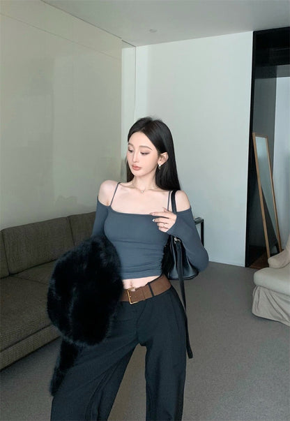 Jan. 歐美女無法抗拒 溫柔露肩彈力上衣 灰