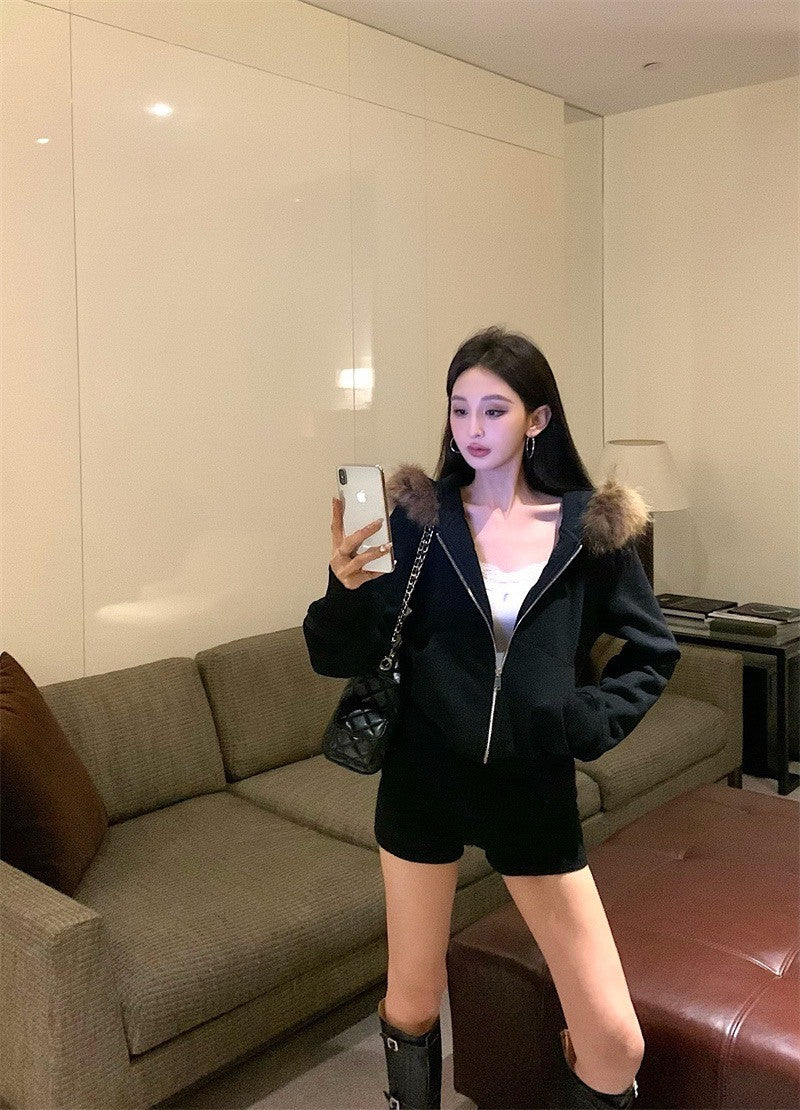 Jan. 奶貓狙擊 通勤慵懶毛毛連帽外套 黑