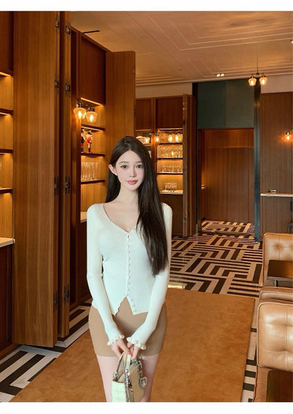 26Jan. 甜慾擔當v領氣質花袖針織上衣 白/粉