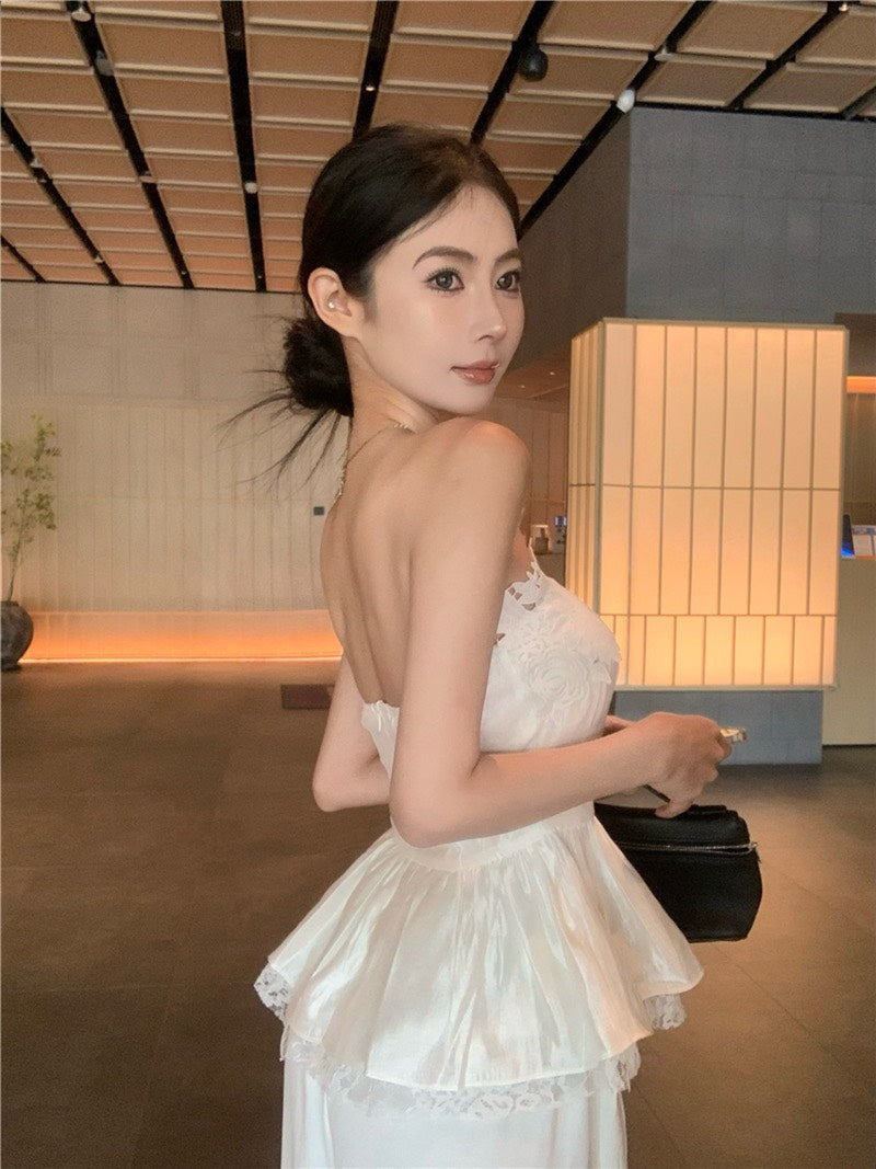 Jun. 茉莉花道韓系高雅抹胸上衣 棉麻休閒褲 白色