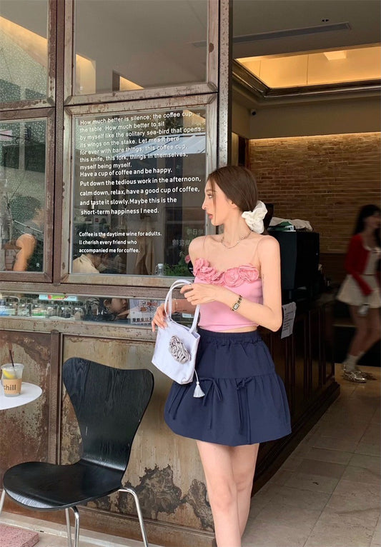 May. 梨花洋溢 俏皮立體花朵背心 粉/黑 顯瘦藍色A字裙