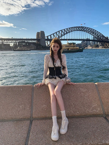 25Nov. 「拜占庭宮風」復古V領摺紗純慾感半身裙套裝（附腰封）杏