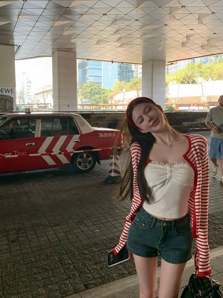 25Nov. 春日小記 復古紅白條紋針織圓領開衫