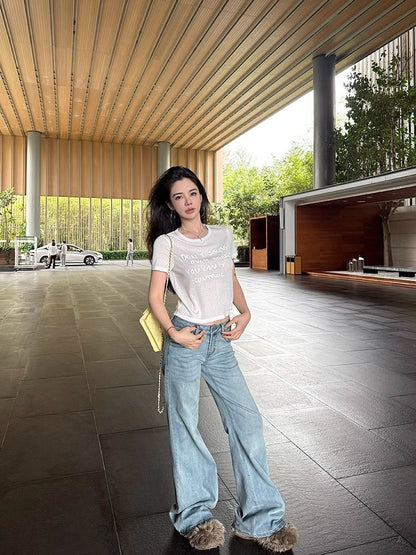 25Oct. 韓系雪花棉立體字母白色上衣 短款/長款