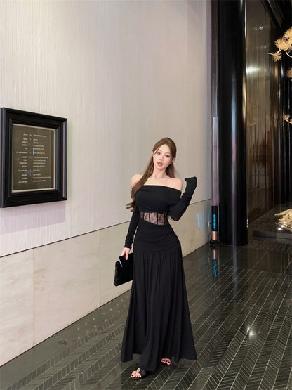 Mar. 香軟Crush 設計感一字領魚骨縷空上衣 褶皺飄逸半身裙 黑