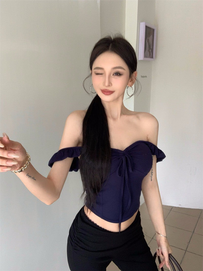 Jun. 日系純欲抽繩顯瘦上衣 藍/紅 黑色高腰休閒褲