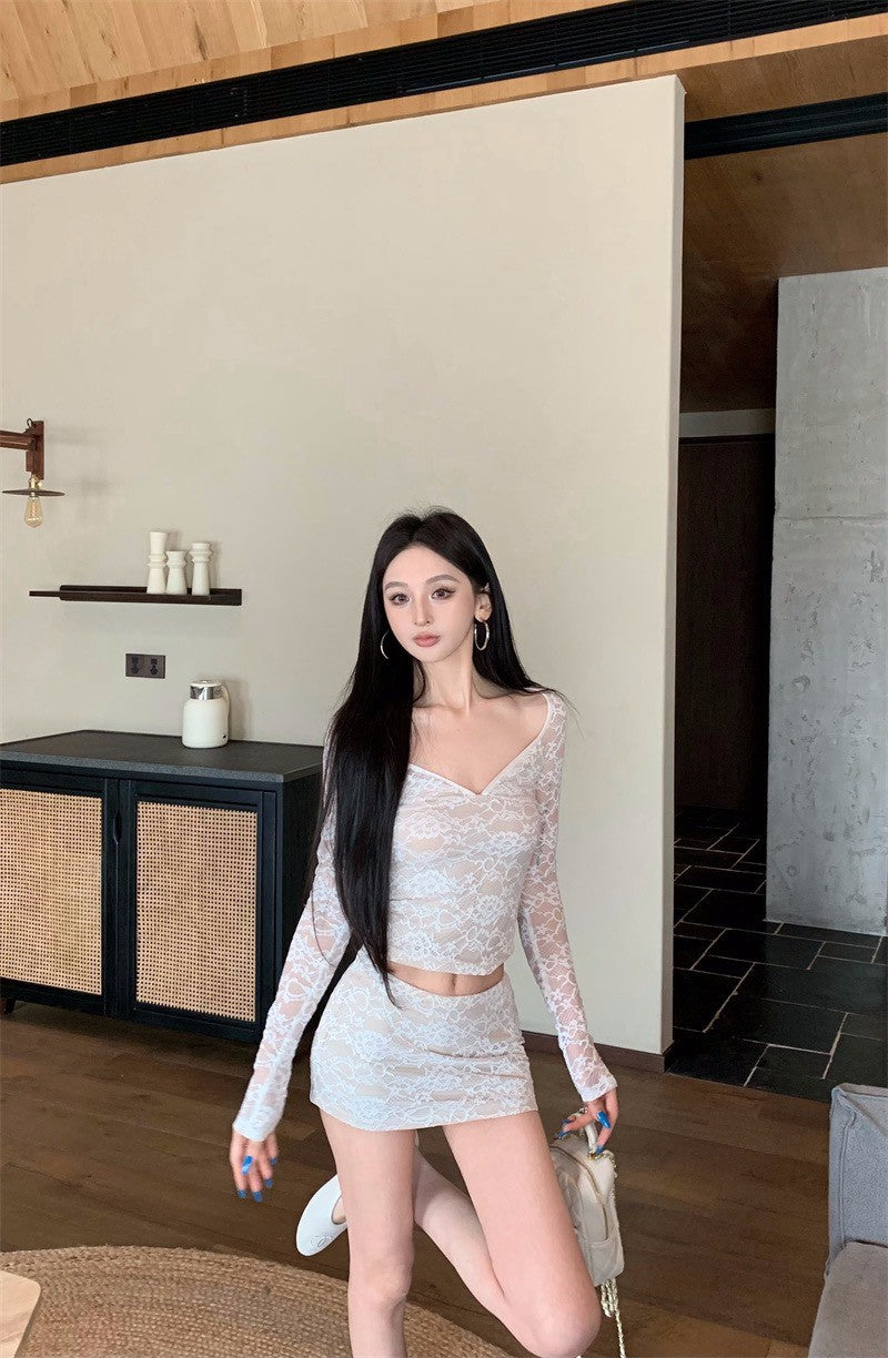 26Jun. 純慾杏色蕾絲緹花低腰半身裙套裝