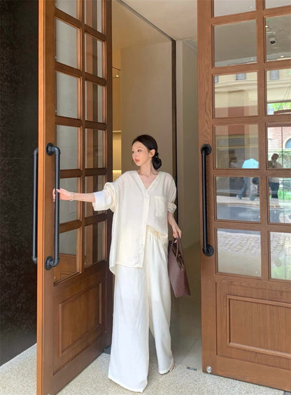 25Jul. 日常通勤穿 夏日簡約襯衫闊腿褲套裝 杏/黑