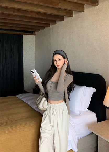 25Nov. 法式純欲感褶皺背心開衫2件組 休閒闊腿褲 灰卡色系