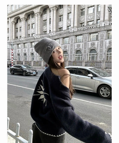 25Nov. 沉靜美式冬日大雪花片針織外套 藏藍