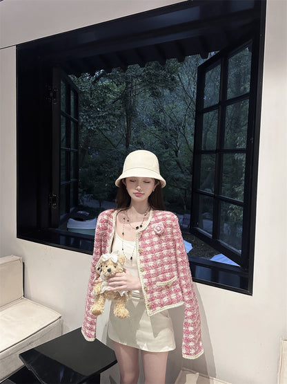 25Dec. 正反兩穿‘’甜心芭比粉白格紋粗呢小香外套