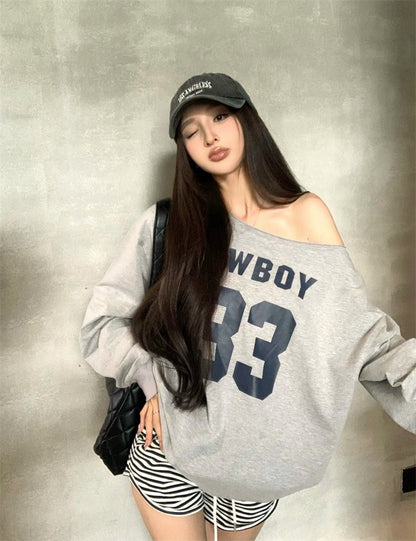 25Jul. 日常鬆弛感斜肩撞色字母衛衣 灰