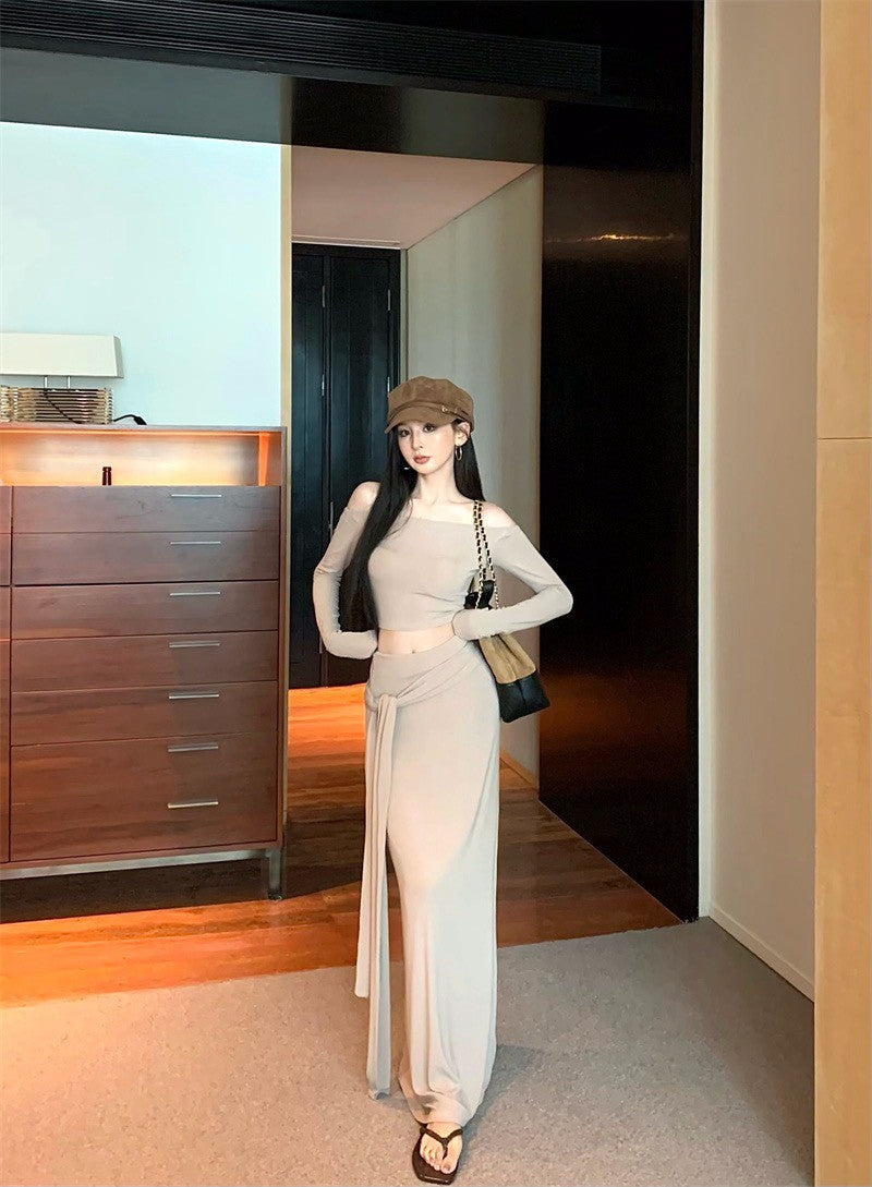 26Jan. 歐美身材比一字領貼身綁帶半身裙套裝 杏奶/黑