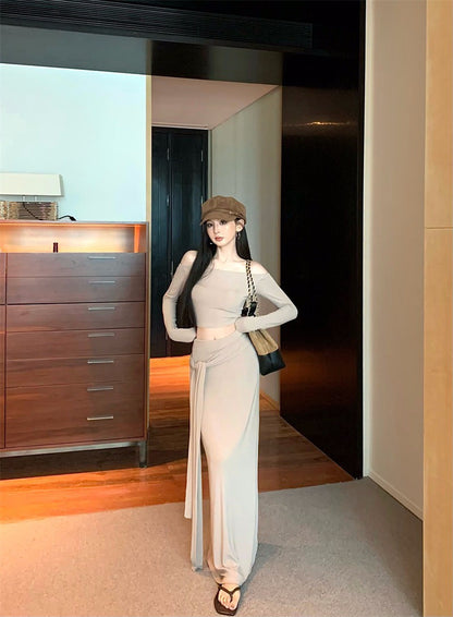 26Jan. 歐美身材比一字領貼身綁帶半身裙套裝 杏奶/黑