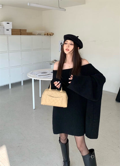 Oct. 簡約一字領針織長版毛衣 黑