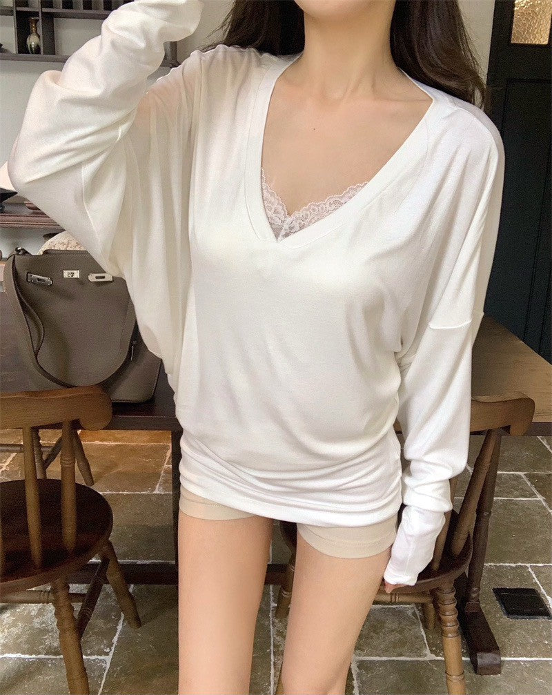 Jun. 戀夏告白 蝙蝠袖V領包覆下擺長袖上衣 白