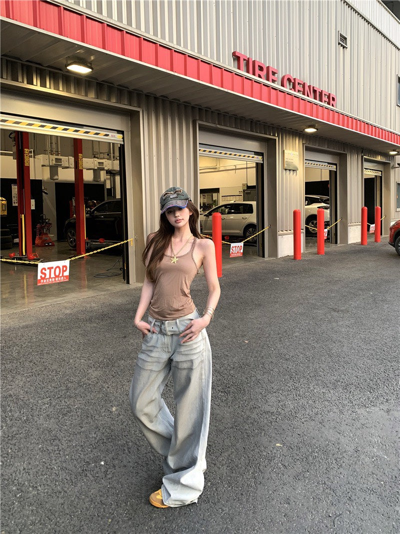 Jun. 牛仔潮 潑染貓鬚水洗淺色彎刀褲 燙鑽Ro風卡其背心