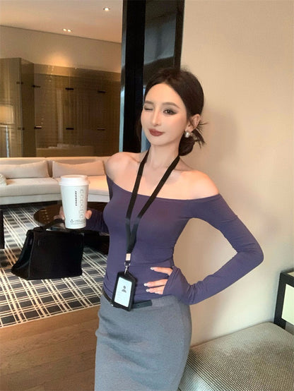 25Nov. 魅惑肩線一字領彈力長袖上衣 寶藍/卡其