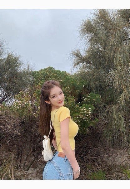 26Apr. 天菜研習 羊毛混紡U領收腰短款上衣 黃/綠