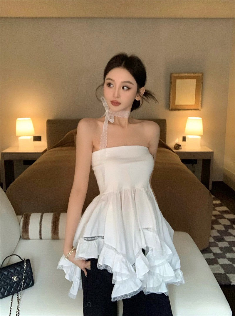 May. 布達佩斯 優雅不規則拼接垂墜抹胸 附蕾絲繞脖