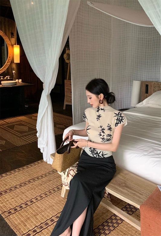 Apr. 竹中新中式國畫印花透視感上衣 開叉半身裙 黑