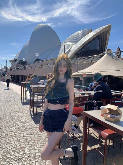 25Nov. 可鹽可甜俏皮千層荷葉半身裙套裝 藏藍