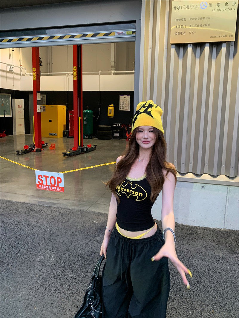 Jun. LA個性女孩 撞色蝙蝠字母印花背心 抽繩鬆緊黑色休閒褲