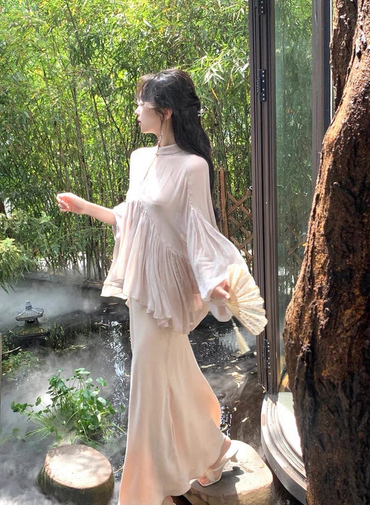 25Aug. 溫柔富貴 新中式氣質立領燈籠透紗上衣 細肩連身裙