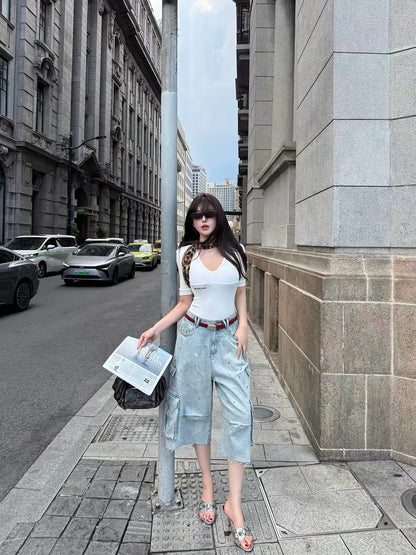 26Oct. 時髦冷都女 水洗潑墨大口袋牛仔中褲