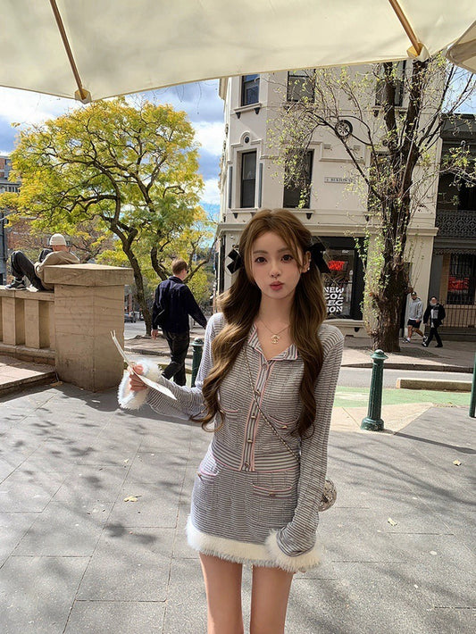 25Nov. 25B粉藍花楹 氣質織紗袖針織半身裙套裝 藍