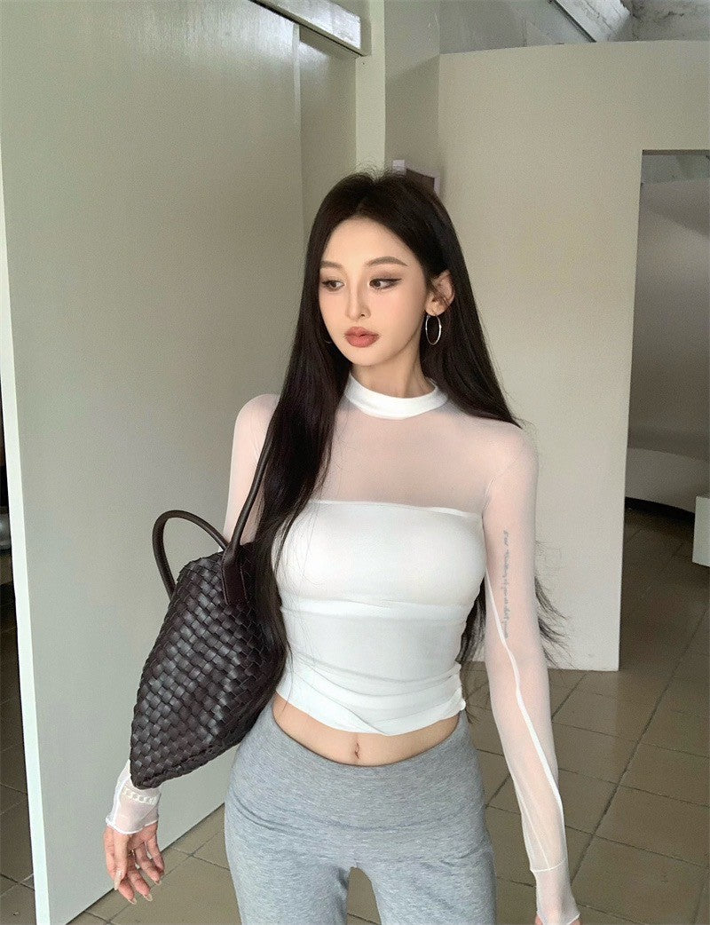 Jun. 辣妹網紗拼接透視緊身上衣 白/黑