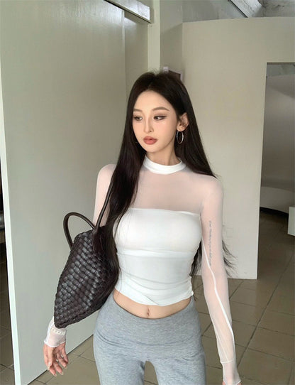 Jun. 辣妹網紗拼接透視緊身上衣 白/黑